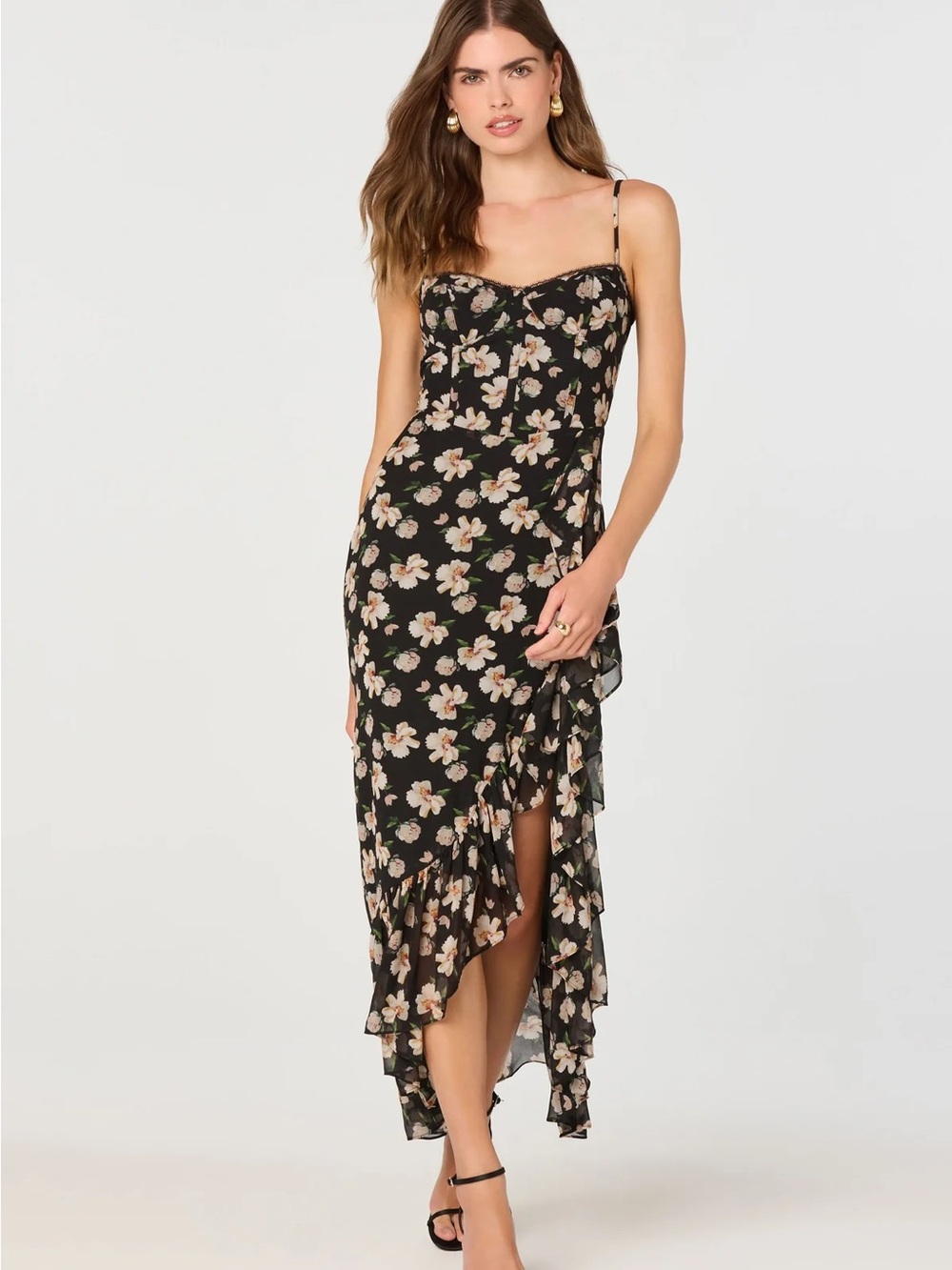ASTR The Label - Brisbane Floral Asymmetrical Midi Dress - Black/Pink